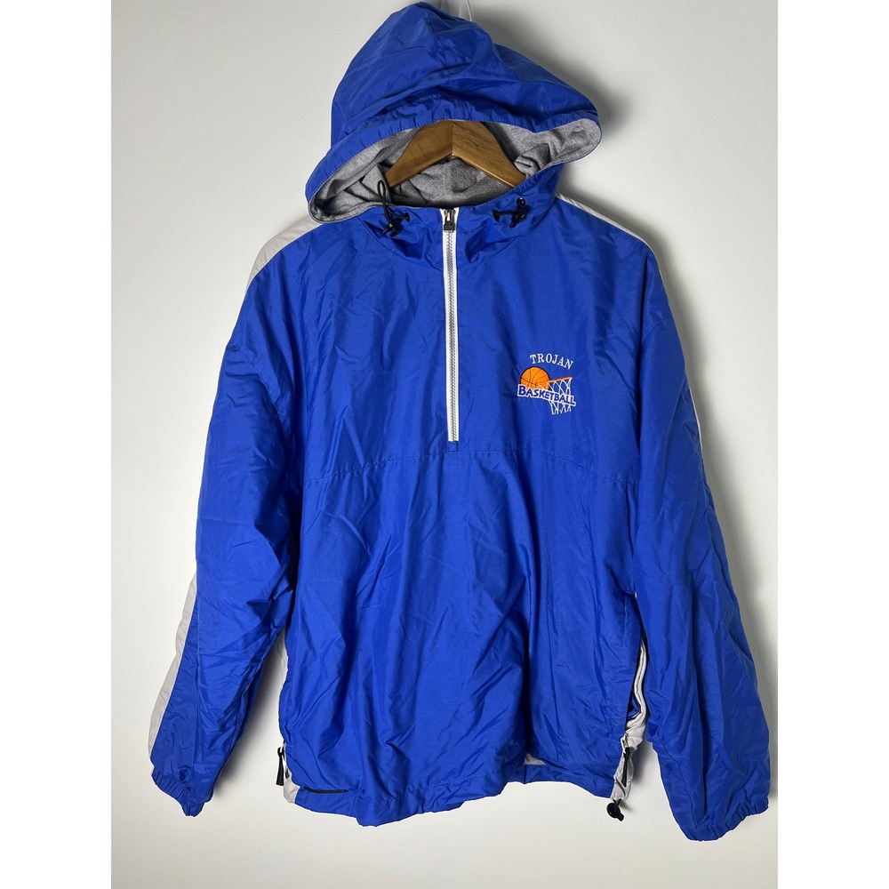 VTG Holloway Windbreaker Pullover LG Blue Trojan Basketball Quarter Zip Hooded